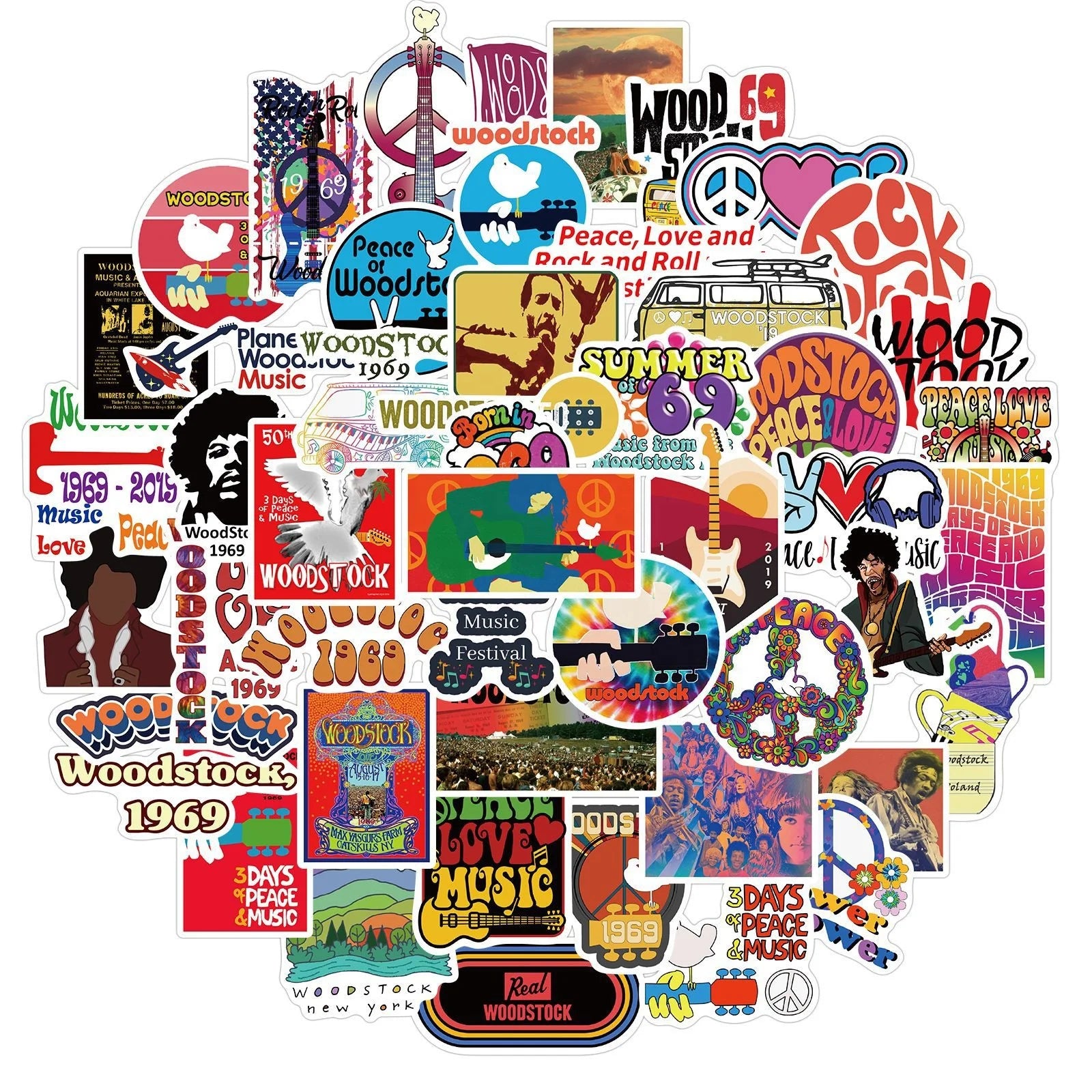 50Pcs Pop Music Woodstock Rock Festival Stickers Graffiti Phone Table Luggage Laptop Diy Bottle Car Decor Stickers