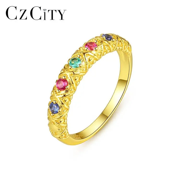 CZCITY Finger Jewelry Luxury 18K Gold Dainty Rainbow Geometric Fashion Bohemian Jewellery Vintage Ring