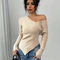 Factory Custom Autumn Casual Sheer Long Sleeves Split Hem Classy Knitted Irregular Knit Sweater for Ladies