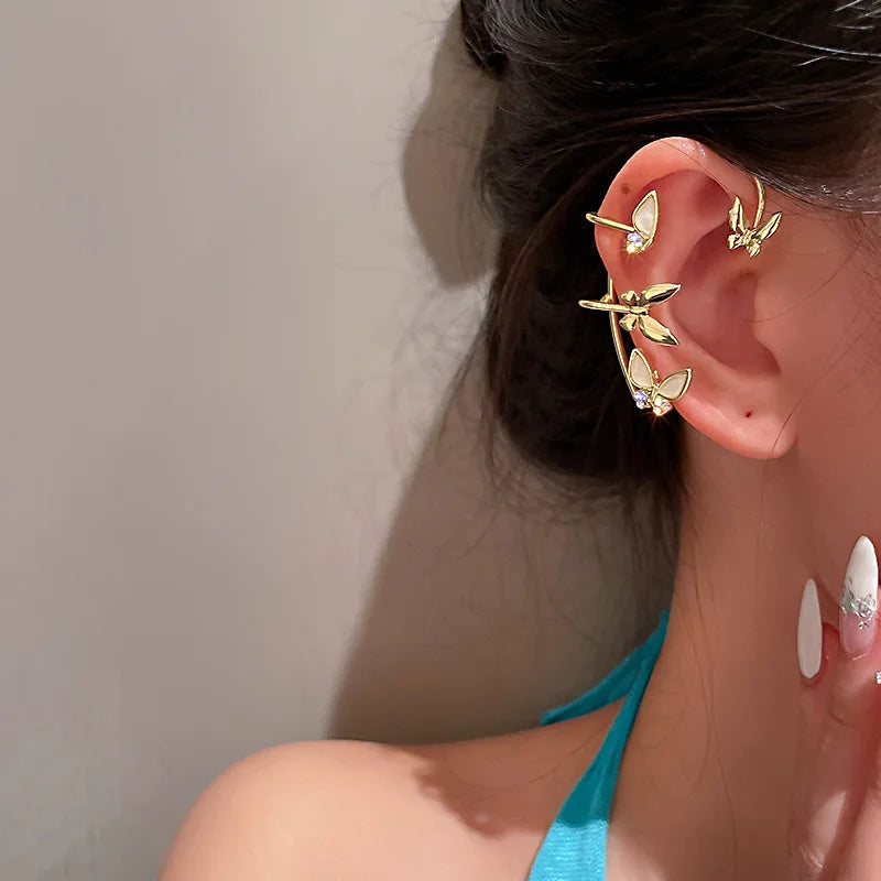 Gold Plated Metal Butterfly Ear Clips No Piercing Women Sparkling Zircon Ear Cuff Clip Earrings Wedding Jewelry