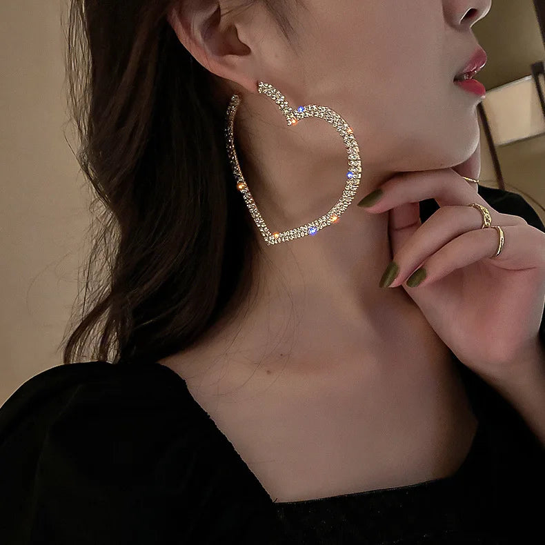 925 Silver Post 18k Gold Plated 80mm Big Heart Shape Statement Earrings Shiny Diamond Rhinestone Crystal Heart Hoop Earrings