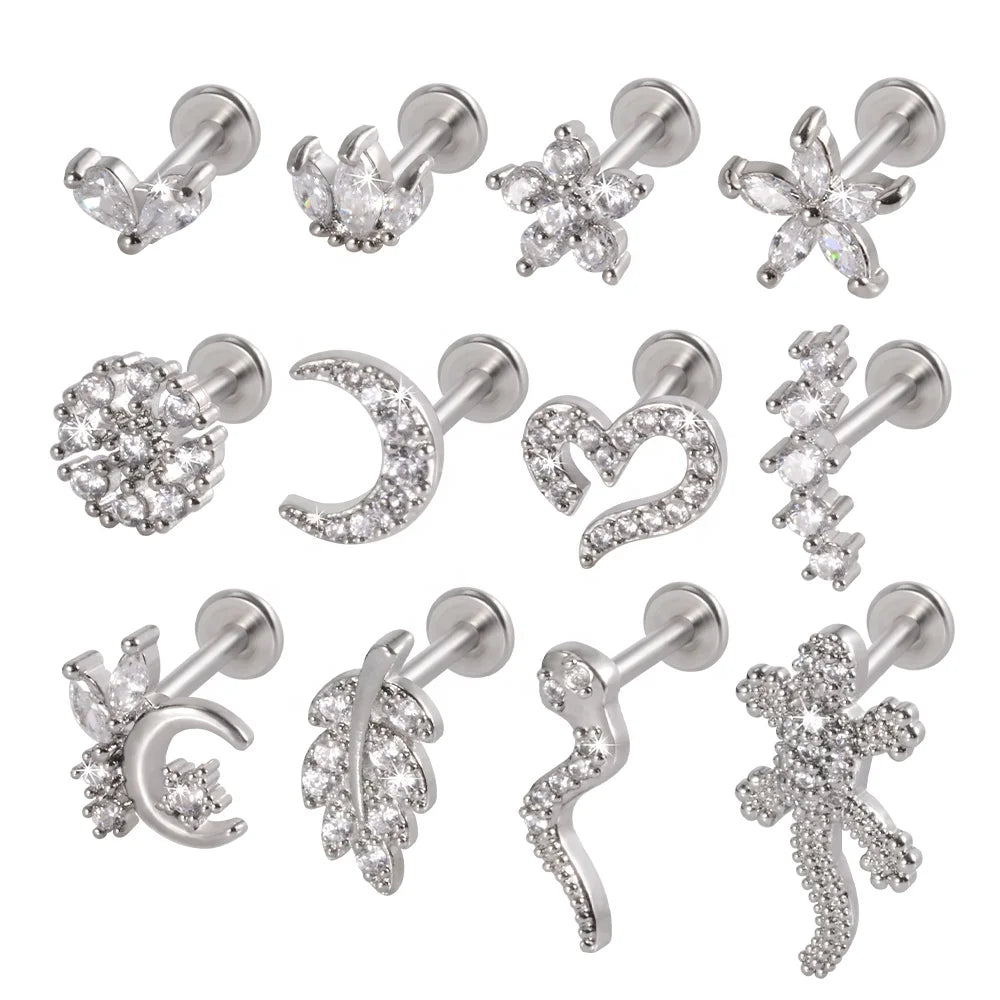 Stainless Steel Bar Flat Base Earring Labret Tragus Cartilage Helix Heart Crown Flower Moon Zircon Lip Ear Studs Body Piercing