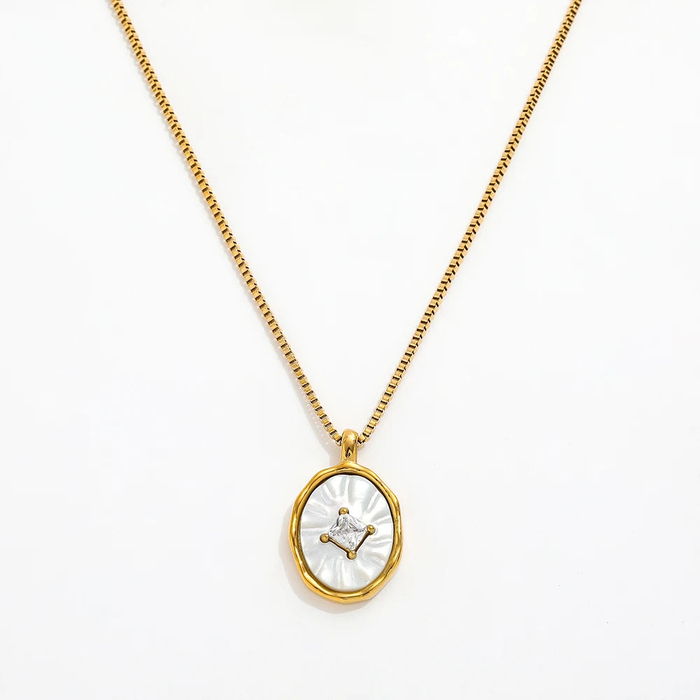 JOOLIM Ready to Ship High End Stainless Steel Box Chain 18k Gold Plated Zirconia Oval Shell Pendant Necklace