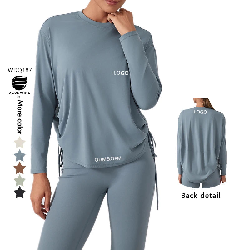 Xsunwing Women's Tops Quick Dry Breathable Drawstring Running Loose Sports T Shirts Long Sleeve Fitness Top Yoga Shirts WDQ187 MegaBDM