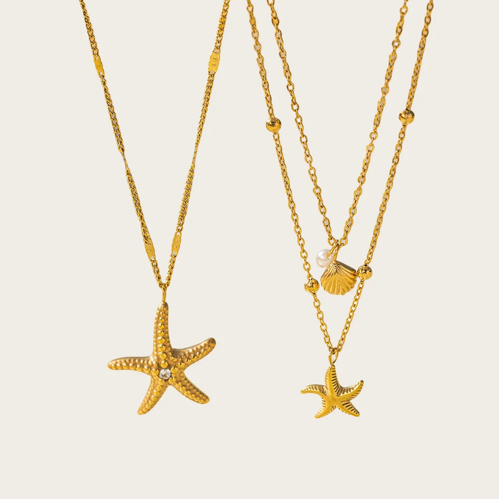 No Tarnish 18k Gold Plated Starfish Pendant Necklace Starfish Scallop Shell Stainless Steel Necklace