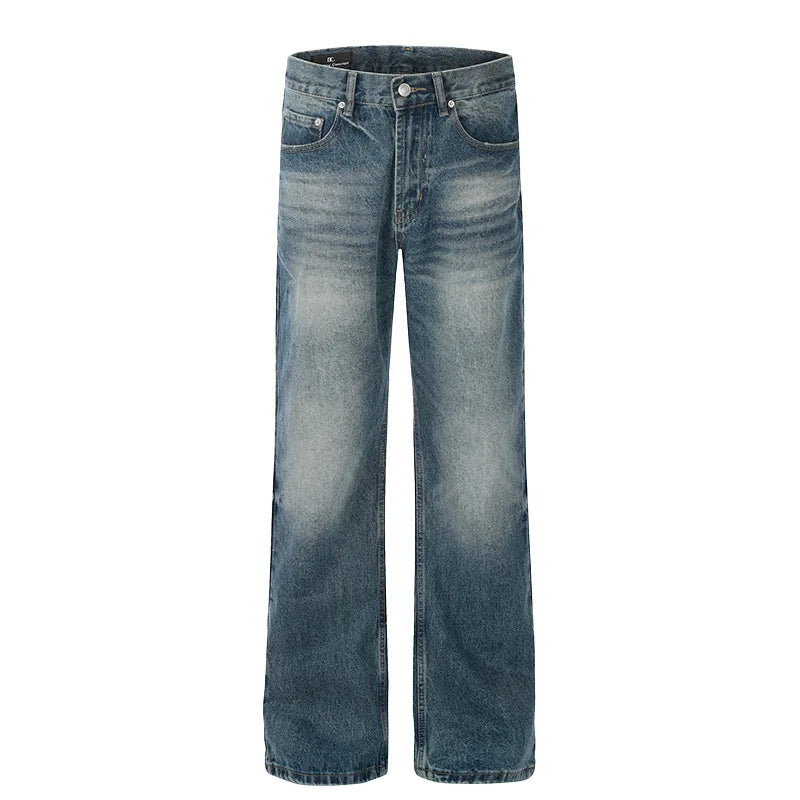 Vintage  Blue Fashion Slightly Slimming Men Flare Jeans Stone Wash Designer to Do Old Straight Leg Blue Men's Jeans