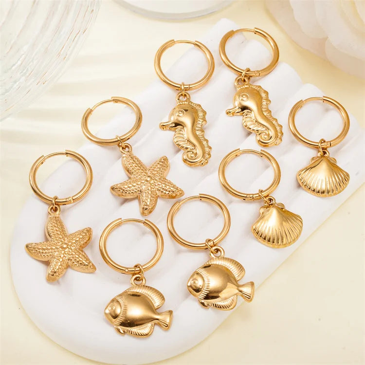 Wholesale Stainless Steel 18k Gold Plated Summer Beach Women Fashion Jewelry Lovely Starfish Shell Seahorse Fish Earrings