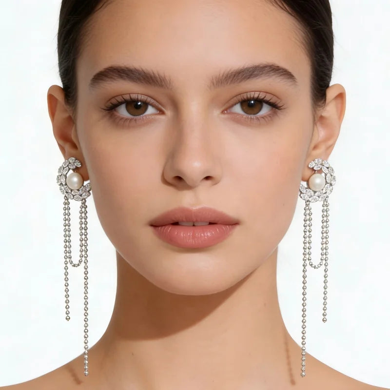 Ilona Trendy Pearl Zircon Tassel Drop Earrings Copper Alloy Long Chain  Bridal Statement Dangle Earrings for Wedding Party