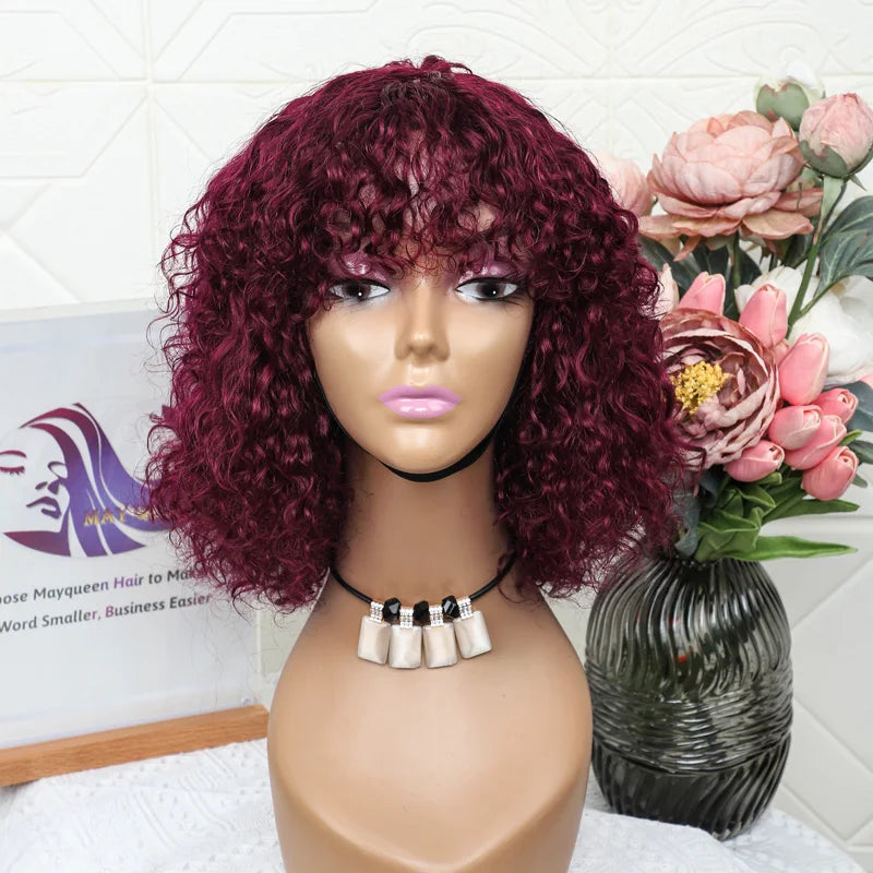 Mayqueen Vendor Wholesale Cheap Burgundy Machine Made Bang Human Virgin Hair Curly Bob Short Human Hair Wigs for African Women