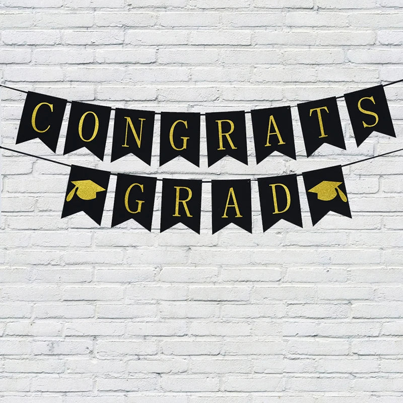 Graduation Banner Decoration Set Black Background Gold Glittery Paper & Foil 16.8cm 'Congrats Grad' for Graduate Party