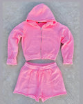 Customize 2 Piece 450 GSM Embroidery Outfits Zip up Sweatsuits Tracksuits Cropped Hoodie and Jogger Short Set Women