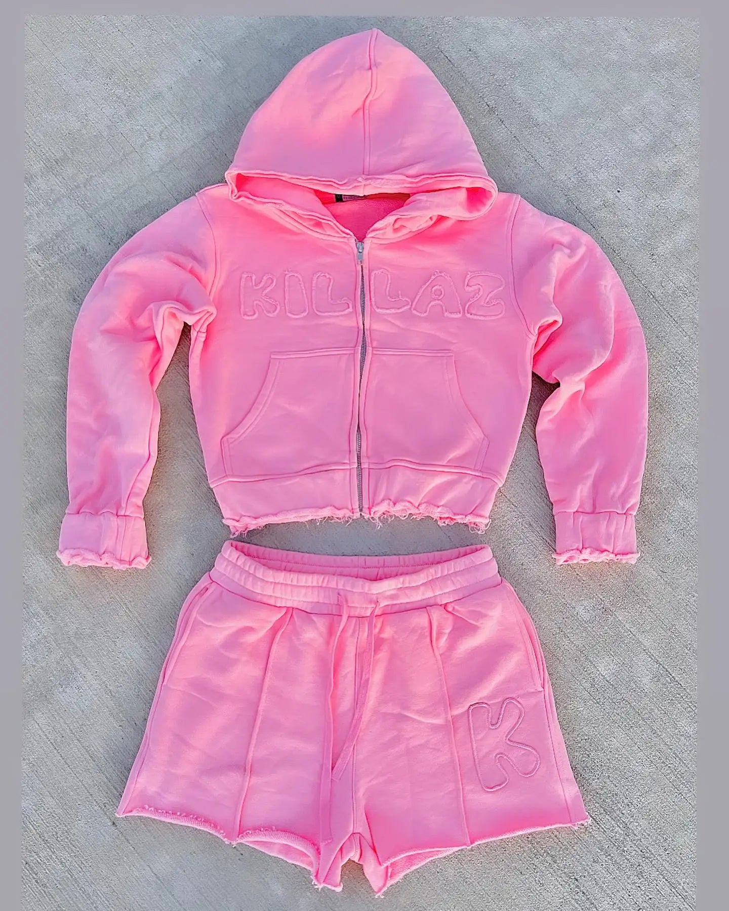 Customize 2 Piece 450 GSM Embroidery Outfits Zip up Sweatsuits Tracksuits Cropped Hoodie and Jogger Short Set Women