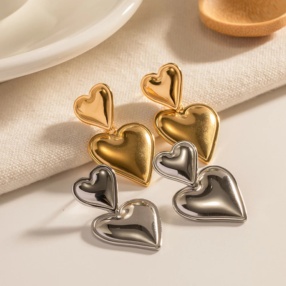 Statement Trendy Double Heart Earring 18K Stainless Steel Gold Silver Plated Smooth Love Drop Earring