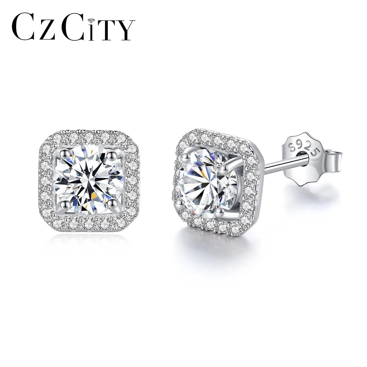 CZCITY Square Shape Round Moissanite Diamond 2026 Woman Trendy Charm Stud for Girl 925 Silver Earrings Sterling