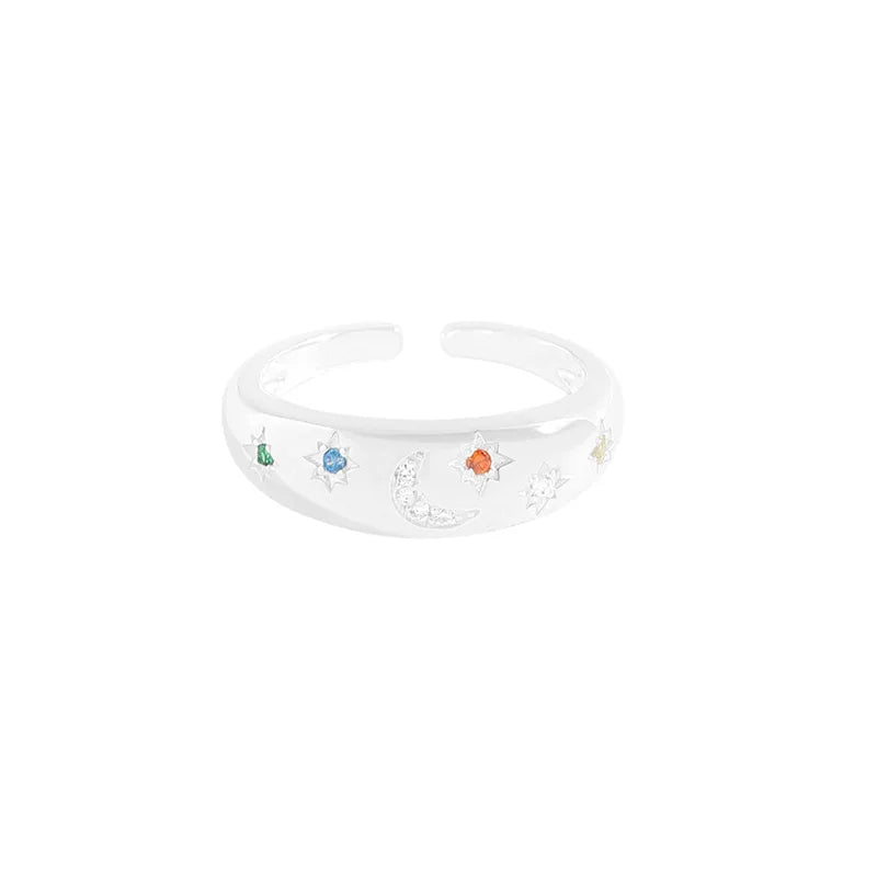 Radiant Cut Zircon Star Moon Texture Rhodium Plated Sterling Silver 925 Wedding Luxury Female Ring