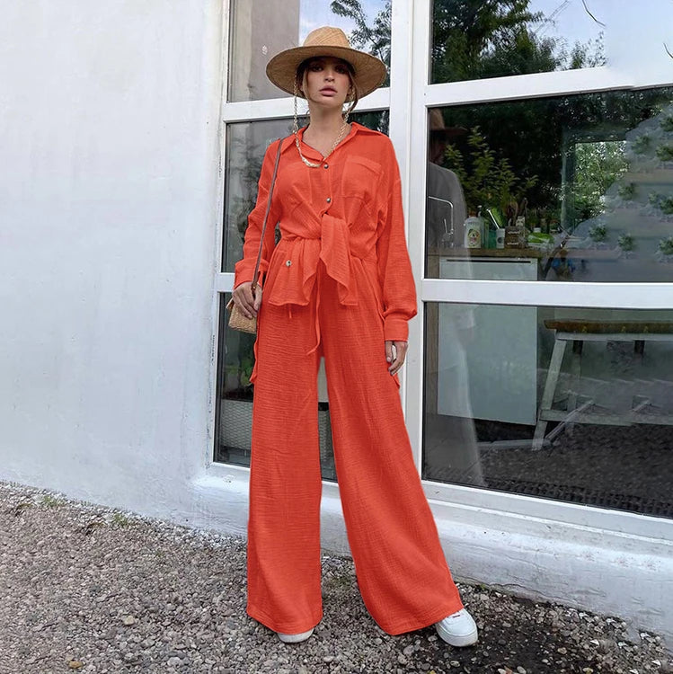 Long Sleeve Wide Leg Pant 2 Pcs Women's Clothing Cotton Comfy Pants Sets Fall 2023 Loungewear 2 Pieces Set Two Piece Women Sets