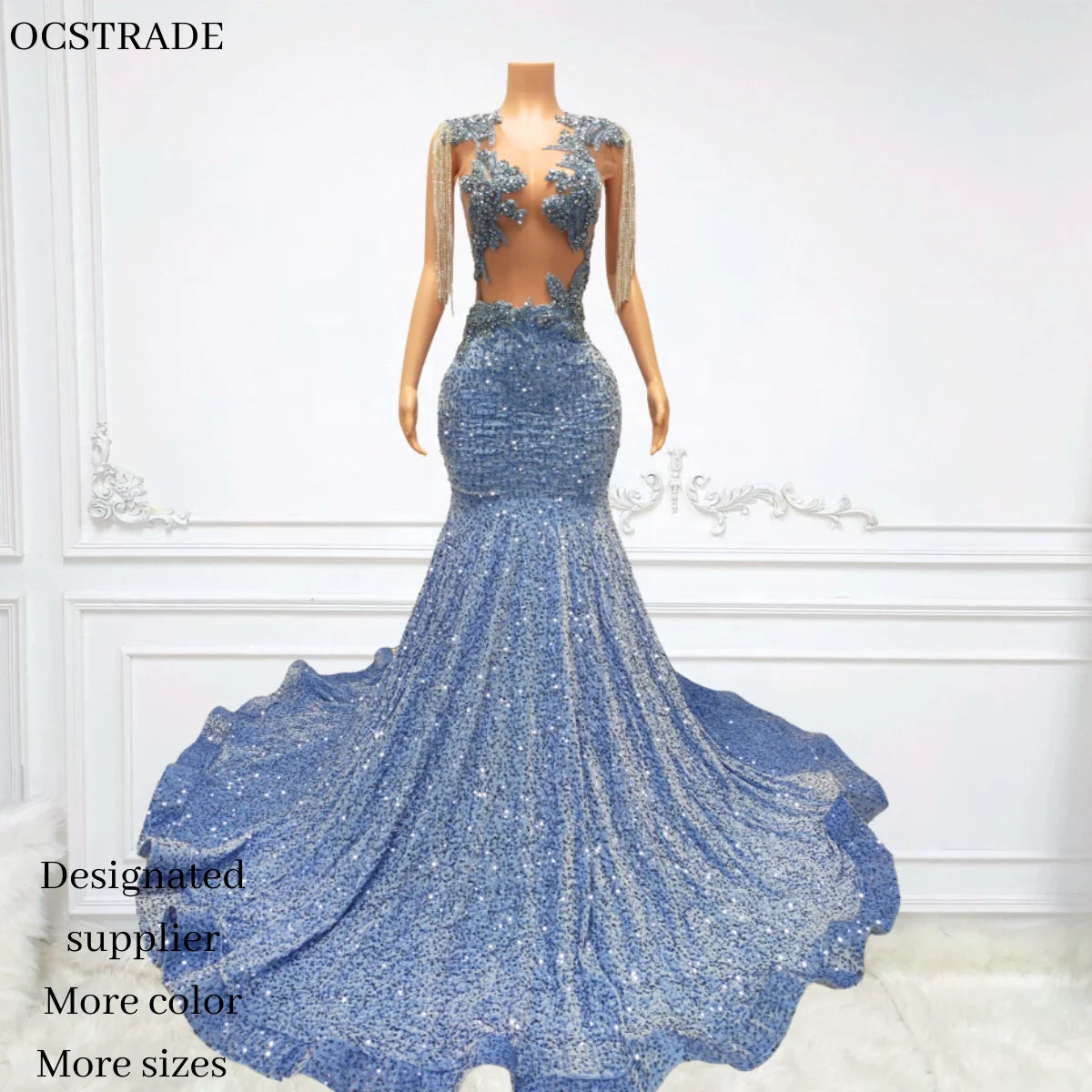Ocstrade Evening Prom Dresses Sequin Woman Wedding Dress Sheer Mesh Sparkly Elegant Ladies Prom Dresses 2025 With Silver Tassel