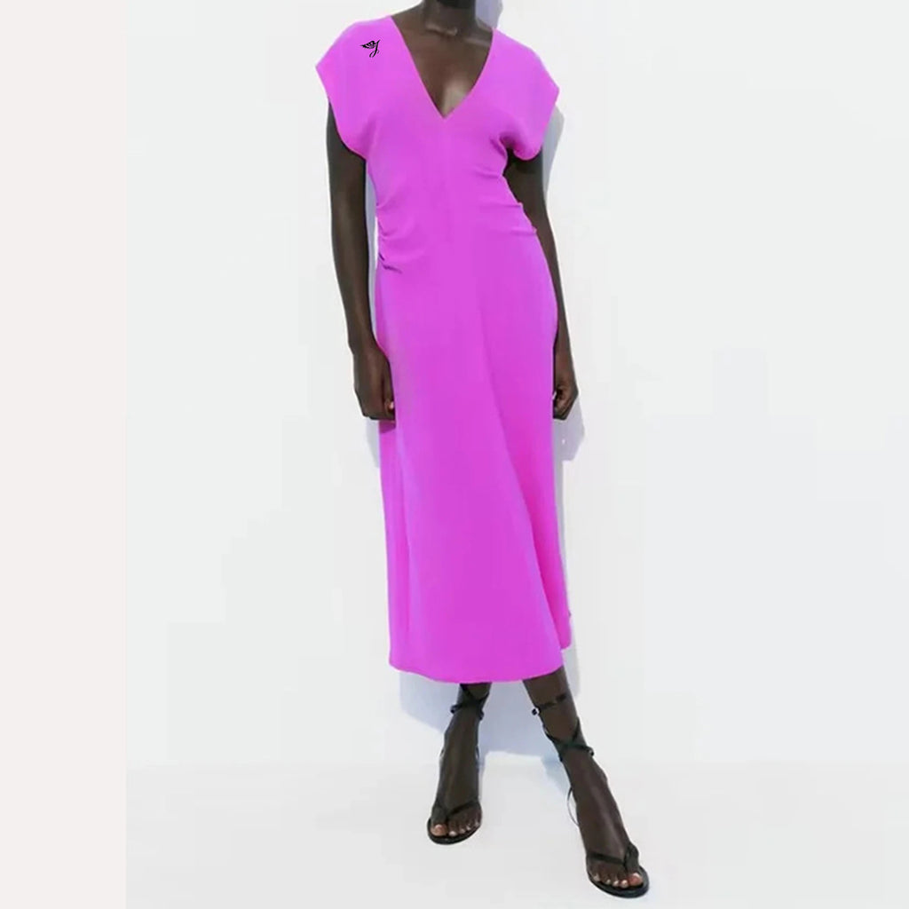OEM/ODM Women Summer Fashion Waist Pleats Deep V-Neck Dress Vintage Cap Sleeve Female Dresses Robe Mujer Midi Dress