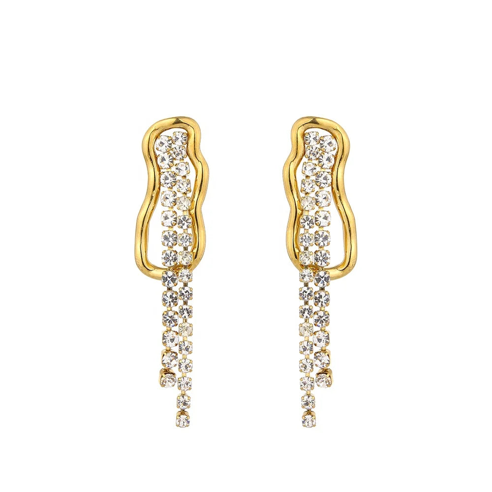 Luxury Bohemian Stainless Steel Fine Stud Earrings with Crystal Tassels Zircon Gold Plated Nakuna for Women for Party Gift