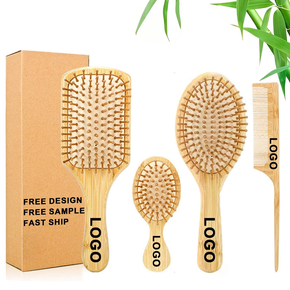 Custom Logo Hair Brush Set Massage Cushion Bamboo HairBrush Comb Detangling Straightening Hair and Blow Drying Hair Comb Brush