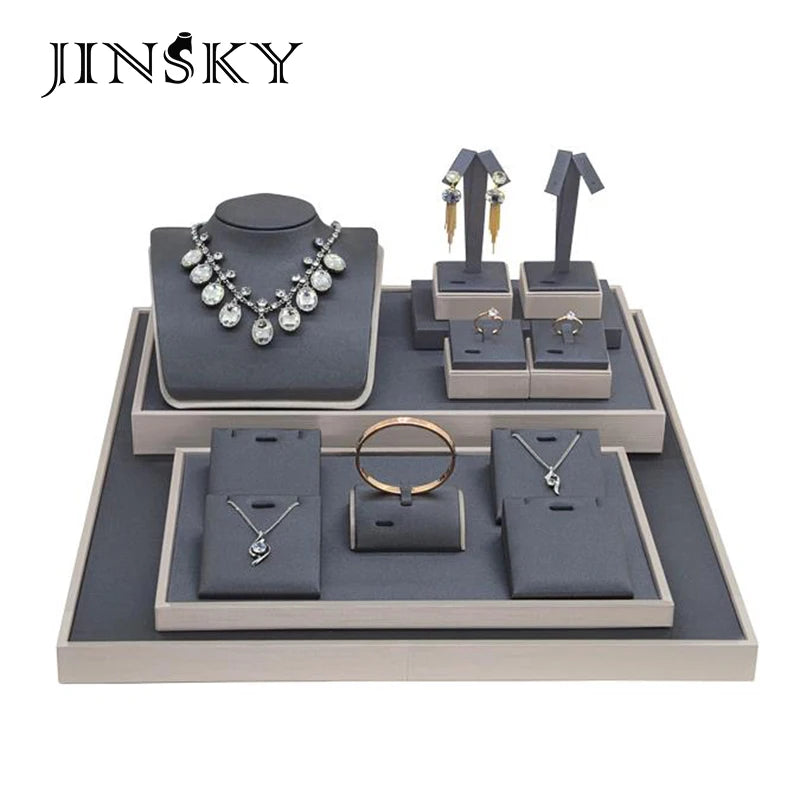 Jinsky Custom Gray Detachable Microfiber Durable Modern Simple Necklace Ring Pendant Display Set Jewelry Counter Container