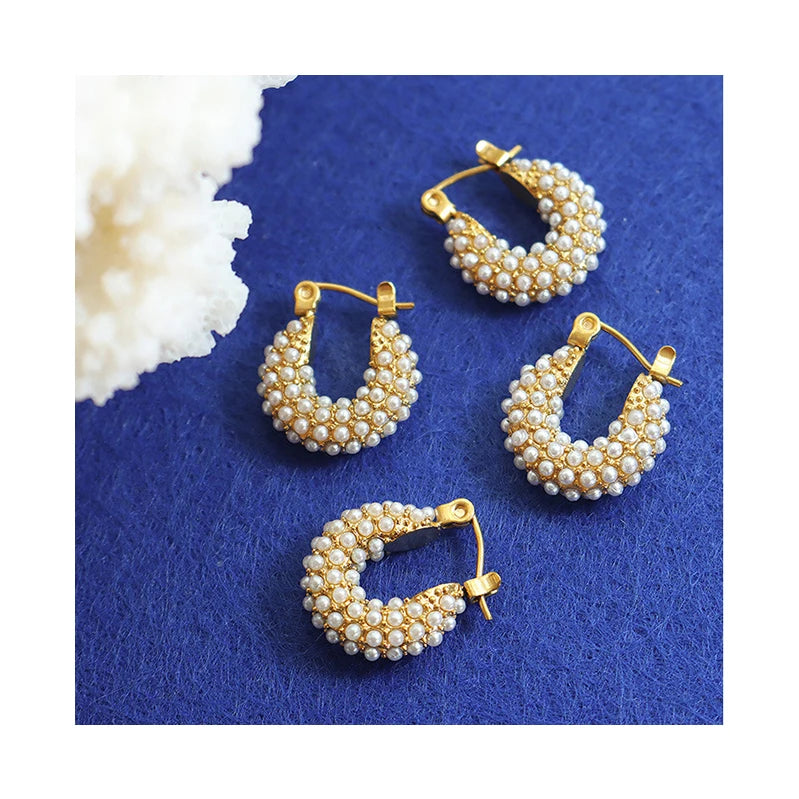Elegant Jewelry Fresh Water Pearl Hoop Geometric U Shaped Earrings 18K Gold Plated Stainless Steel Earring