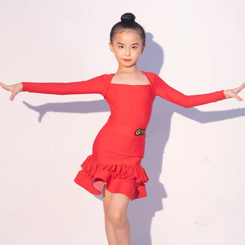 Long Sleeve Kids Practice Performance Red Separate Set Girls