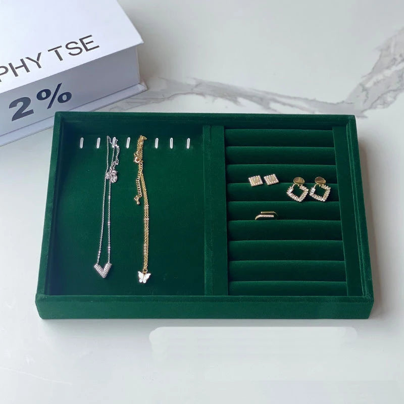 Hot Sale Dark Green Velvet Jewelry Ring Necklace Earrings Storage Tray Popular 28x20x3cm Jewelry Display Tray Wholesale