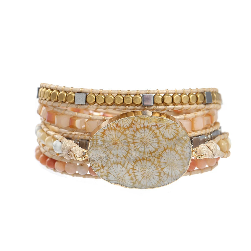 Bohemia Coral Jade Wrap Bracelet for Women Natural Stone Geometric Crystal Hematite Beaded Bracelet Handmade Boho Jewelry