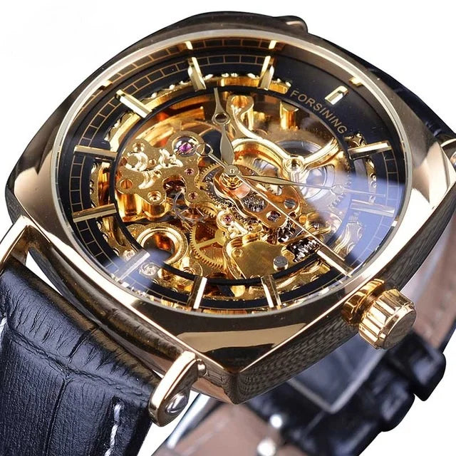 40mm Watches Men Luxury Automatic Mechanical Wristwatches for Forsining Watch Skeleton Clock Leather Band Alloy Case Pointer