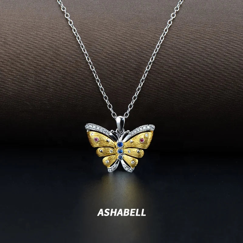 Wholesale S925 Sterling Silver Plated 18K Gold With Diamond butterfly Pendant Necklace Mother's Day Gift