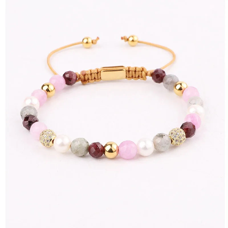 New Design Faceted Gemstone Natural Garnet Labradorite Cubic Zirconia Charm Custom Friendship Macrame Bracelet Women
