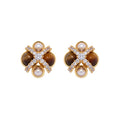 Vintage Gold Color Statement Designer Jewelry Zircon Pearl Tiger Eye Stone Stud Earrings for Women Gift