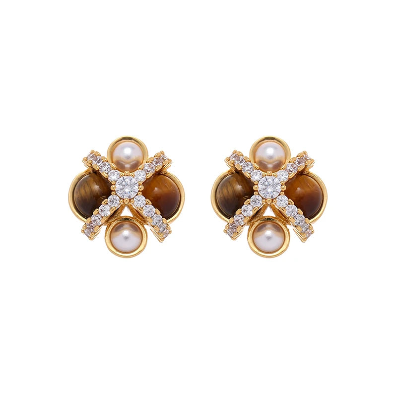 Vintage Gold Color Statement Designer Jewelry Zircon Pearl Tiger Eye Stone Stud Earrings for Women Gift