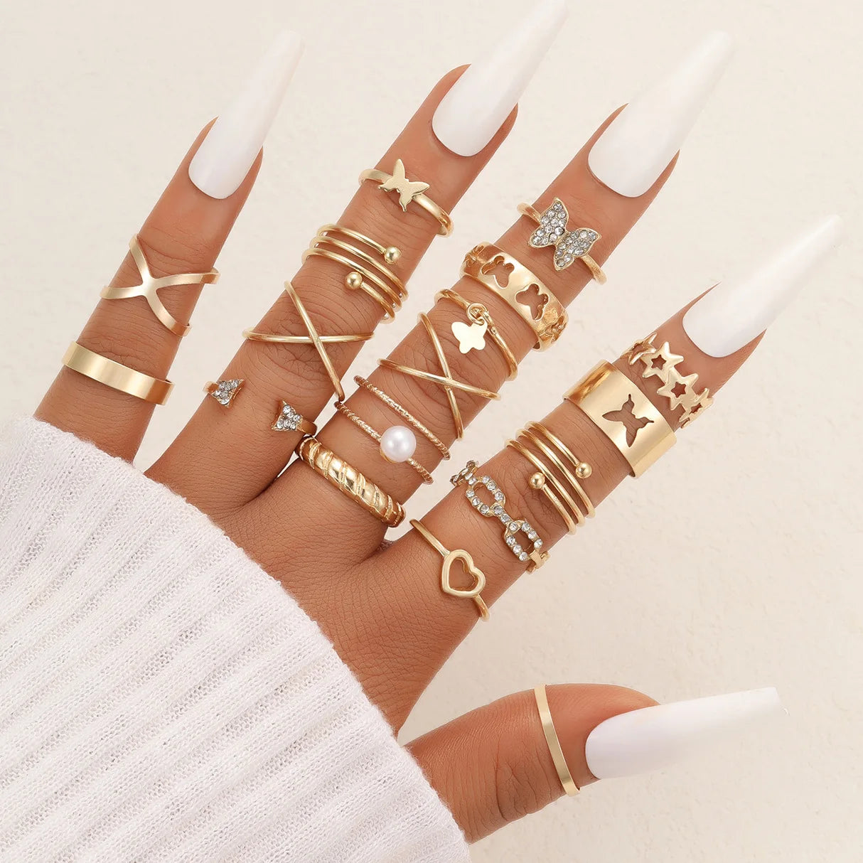 Vintage Geometric Rings Set for Women Men Punk Hollow Butterfly Pearl Chain Knuckle Rings Trend Jewelry Set