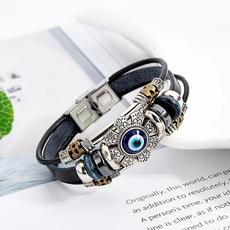 SC Goth Stainless Steel Leather Bracelet Metal Devil Eye Leather Bracelet Men's Bracelets Punk Steel and Leather for Men