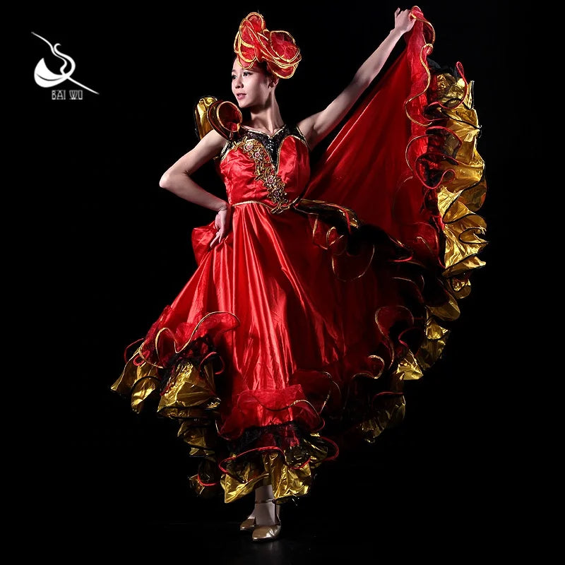 Wholesale Custom Spanish Stage&dance Wear Red/Golden Flamenco Skirt Costume for Women 17NX1002