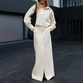 Enyami Minimalist Streetwear Leisure Cotton Co Ord Suit Turn Down Collar Blouse Tops Split Maxi Skirt Beige 2pc Women Sets