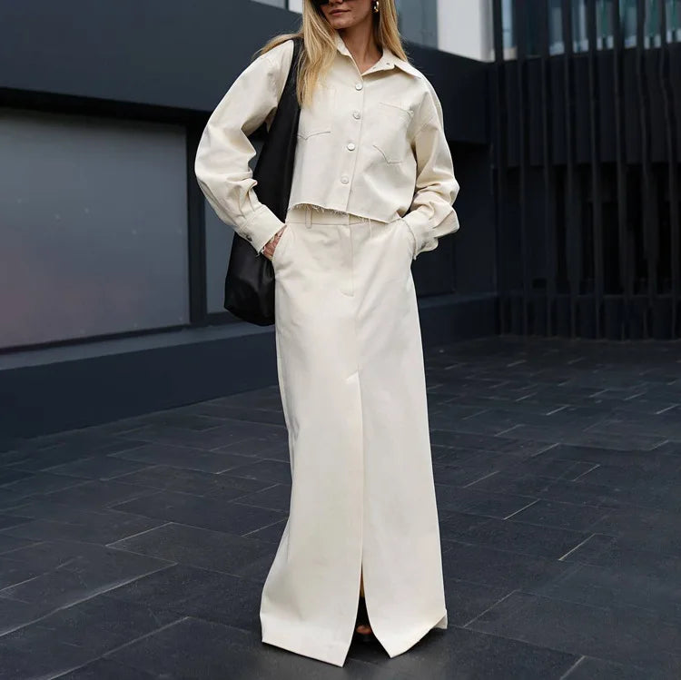 Enyami Minimalist Streetwear Leisure Cotton Co Ord Suit Turn Down Collar Blouse Tops Split Maxi Skirt Beige 2pc Women Sets