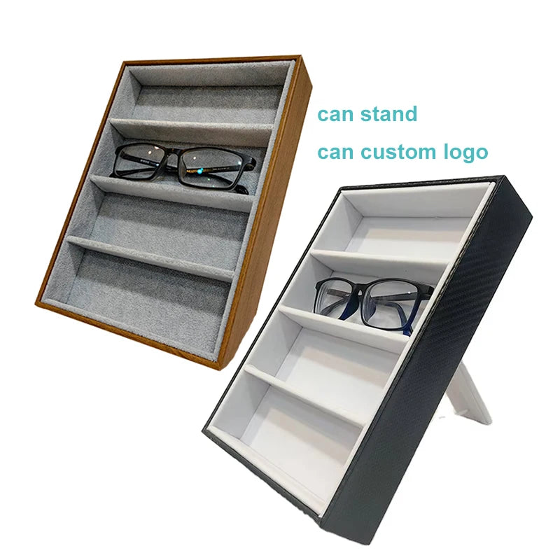 Handmade Wood Eco-friendly Optical Sunglasses Display Stand Tray Stylish Rectangle Rack with 4 Glass Storage Shelves 8-8.9in