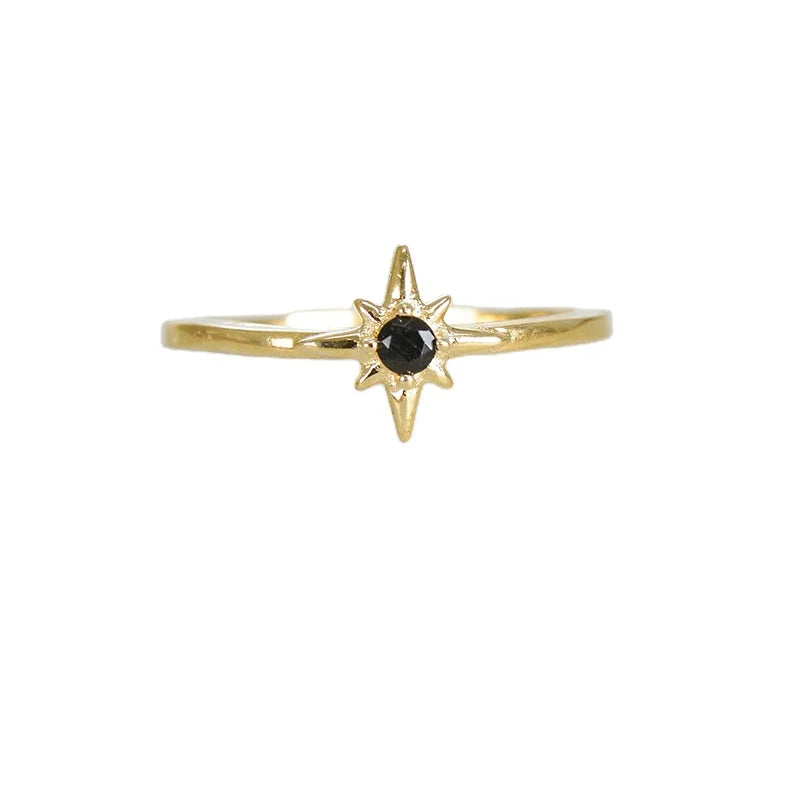 ROXI S925 Sterling Silver 18K Gold Plated Eight Pointed Star Black Diamond Ring