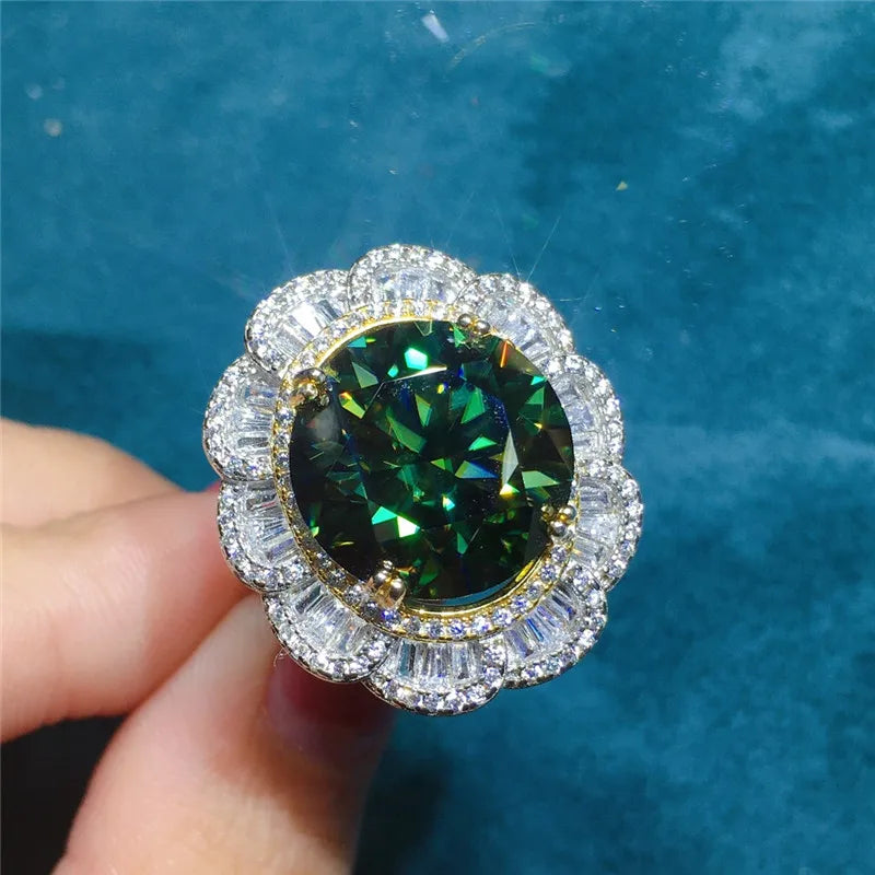 Silver 925 Original 10 Carat Brilliant Cut Diamond Test Past Sparkling Blue&Green Moissanite Wedding Ring Big Gemstone Jewelry
