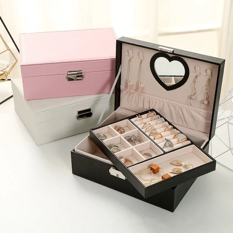 New Double Layer Large Capacity PU Leather Jewelry Storage Box Multi-Functional with Mirror for Earrings & Necklaces