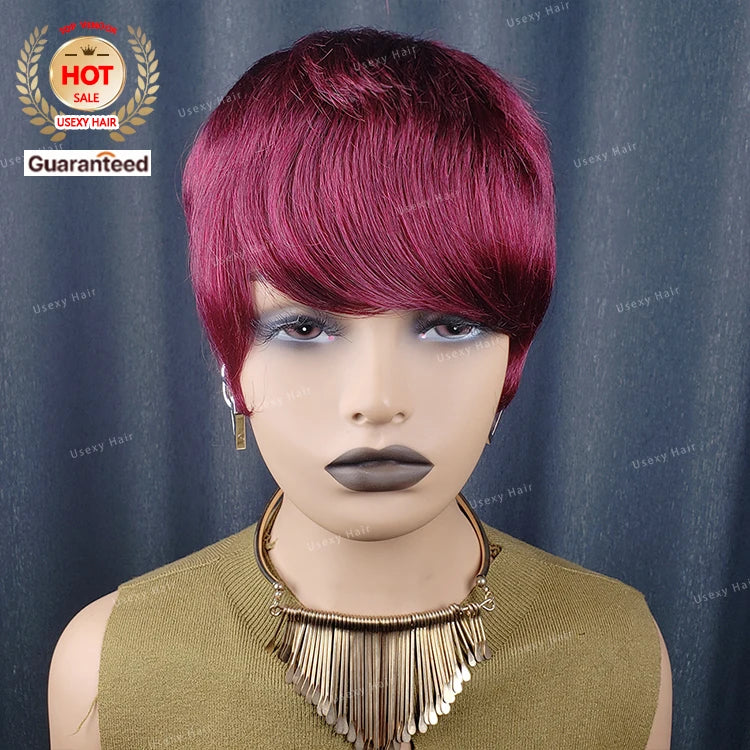 Ready to Ship 99J Color Short Pixie Cut bob Wig Uticle Aligned Brazilian Bob Wig with Bangs for Women Raw Virgin Human Hair Wigs
