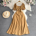 One Size French Off Shoulder Short Sleeve Ruffle Dress square Neck Tie Waist Slim Solid Dress
