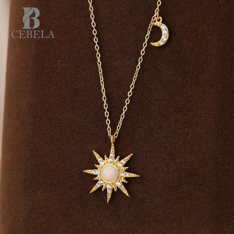 Wholesale Fine Jewelry Luxury Unique 925 Sterling Silver Gold Plated Opal Sun Zircon Pendant Necklaces for Women
