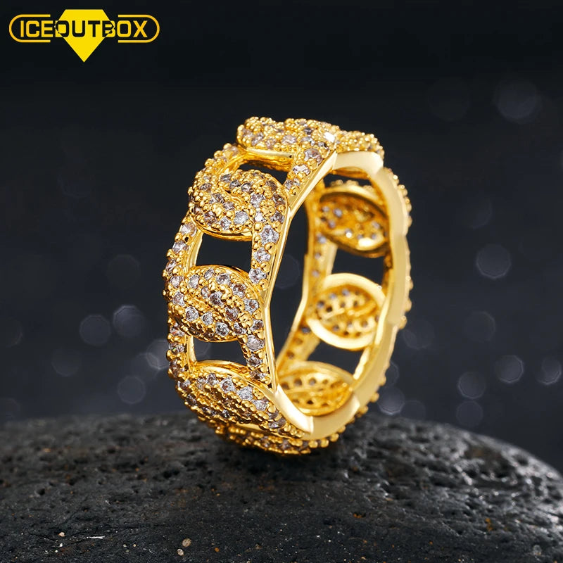 Hiphop Mens Jewelry Gold Plated Copper Micro Pave Cubic Zirconia Cz Stone Diamond Link Chain Cuban Rings