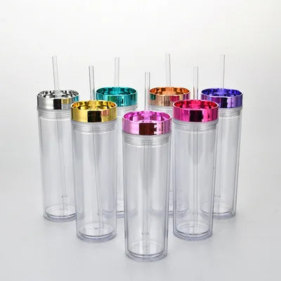 16oz Double Wall tumbler cup in bulk transparent skinny Plastic acrylic Tumbler Cups water bottle with Lid and Straw