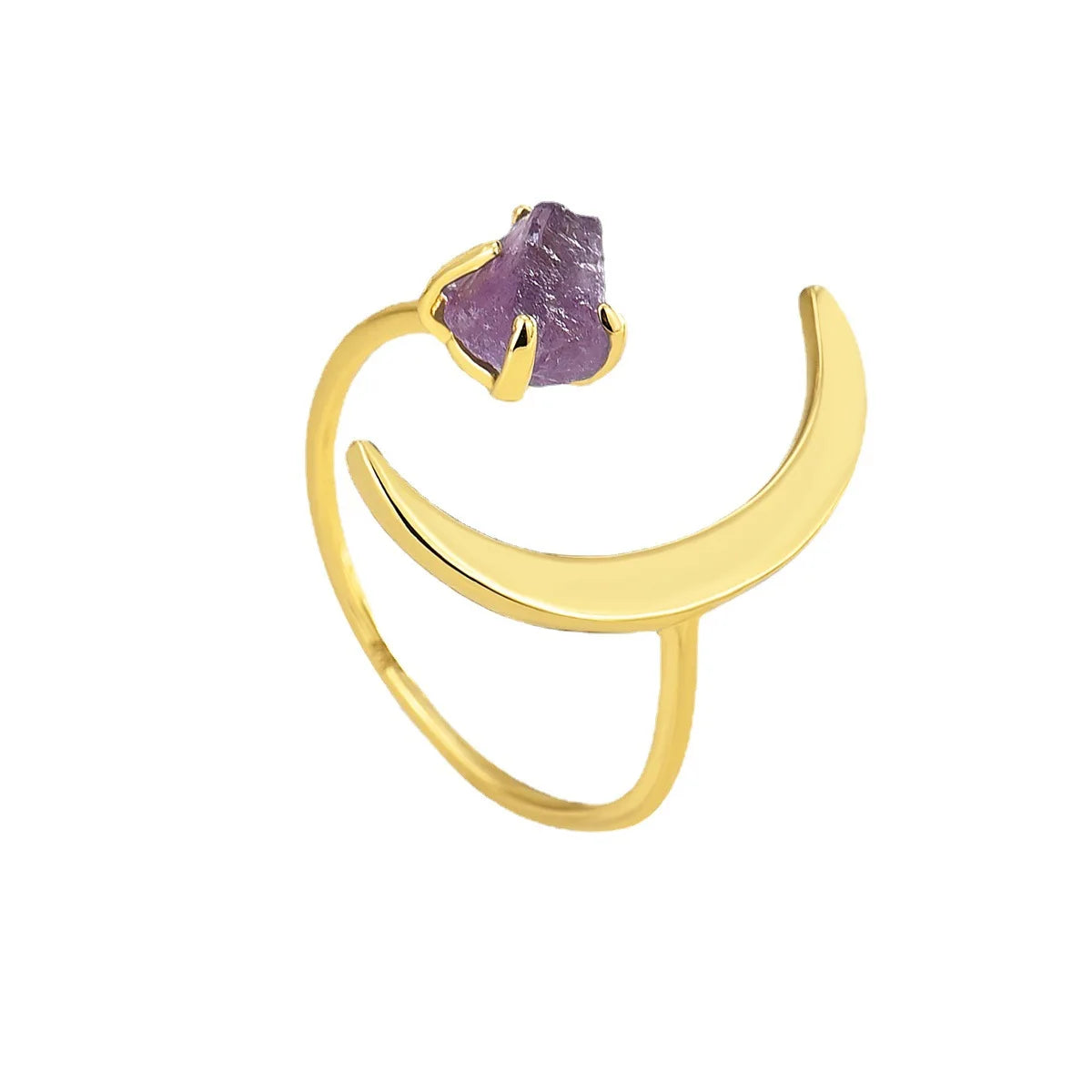 Brass Alloy Amethyst Crystal Stone Sum and Half Moon Charm Finger Open Ring Jewelry Rings Women