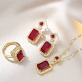 18k Gold Plated Stainless Steel Necklace Earrings Ring Set Fashion Red Ruby Emerald Cut Gemstone Zircon Jewelry Set for Women